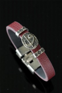 Bracelet - Metal Elif Vav Claret Red Leather Men's Bracelet 100327882 - Turkey