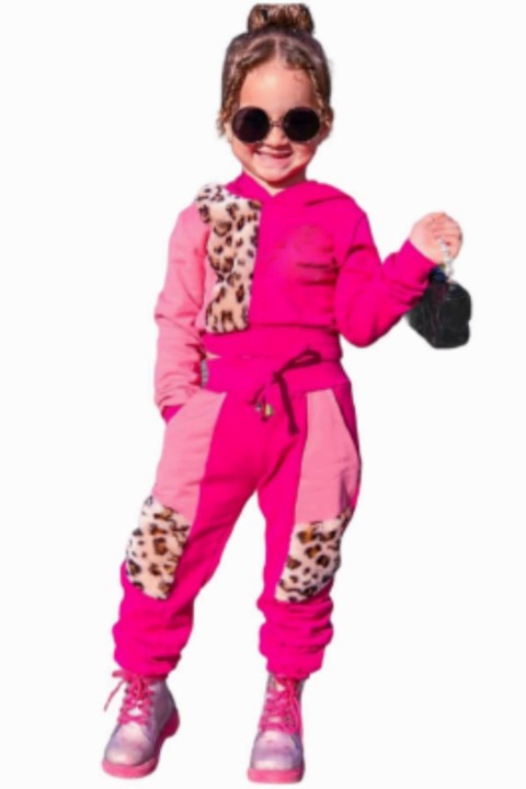 Girls' Double Colored Leopard Detailed Hooded Pink Tracksuit Suit 100327014