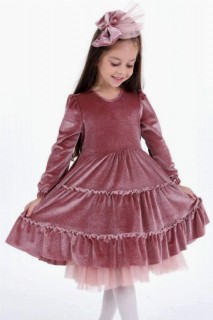 Evening Dress - Mädchenrock mit Rüschen und Glitzer, langen Ärmeln, rosafarbenes Abendkleid 100327082 - Turkey