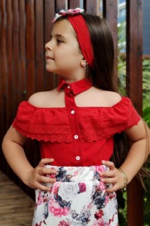 Girl's Guipure Shirt Florens Red Skirt Suit 100326822