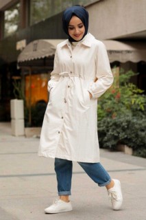 Coat - Ecru Hijab Leather Coat 100335392 - Turkey