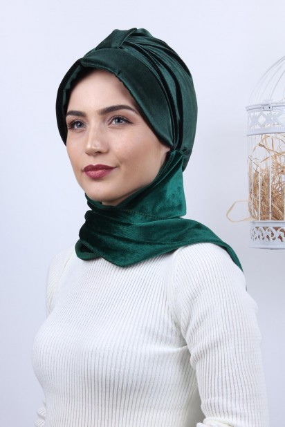 Ready to wear Hijab-Shawl - کلاه شال مخملی کلاه سبز زمردی - Turkey