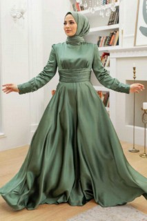 Wedding & Evening - Almond Green Hijab Evening Dress 100332926 - Turkey