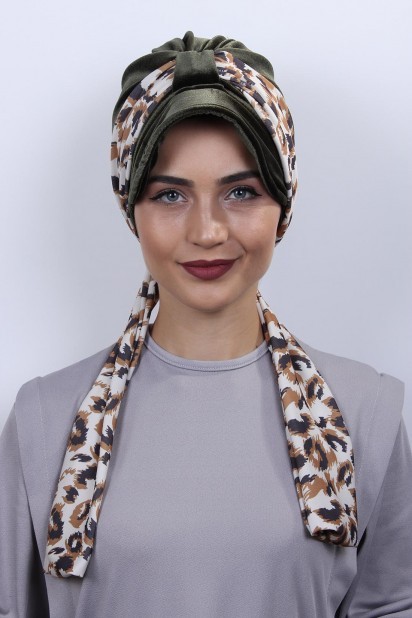 Hat-Cap Style - Velvet Scarf Hat Bonnet Khaki 100283113 - Turkey