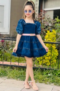Girl Clothing - Girl's Balloon Sleeve Square Collar Belted Blue Denim Dress 100328220 - Turkey
