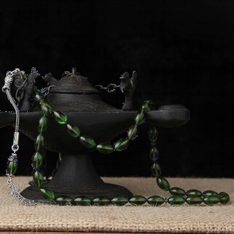 Men - Green Color Tasseled Sword Detailed Spin Amber Rosary 100349456 - Turkey