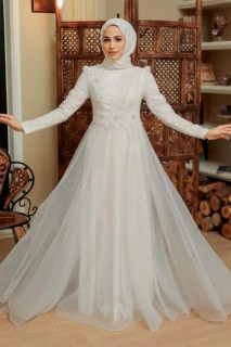 Ecru Hijab Evening Dress 100341576
