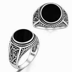 Onyx Stone Rings - Round Black Onyx Stone Silver Ring 100346362 - Turkey
