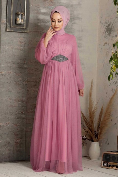 Woman Clothing - Dusty Rose Hijab Evening Dress 100333084 - Turkey