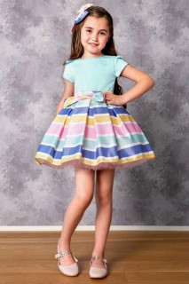 Girl Clothing - فستان بناتي ذو ثنيات وتنورة أخضر مخطط ملون 100327807 - Turkey