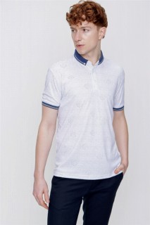 T-Shirt - Men's White Mercerized Collar Striped Buttoned Collar Dynamic Fit Comfortable Cut T-Shirt 100350714 - Turkey