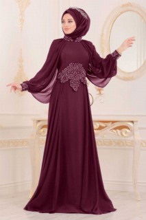 Evening & Party Dresses - Plum Color Hijab Evening Dress 100332879 - Turkey