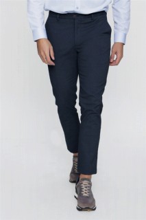 pants - Men's Navy Blue Palermo Cotton Slim Fit Side Pocket Linen Trousers 100350654 - Turkey