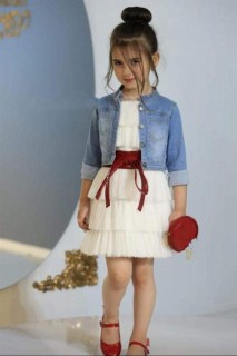 Outwear - Girl's 4-piece White Dress With Layered Tulle Collar Transparent Detailed Denim Jacket 100328665 - Turkey