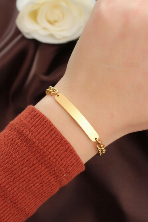 Bracelet - Steel Gold Color Flat Plate Detail Chain Bracelet 100319923 - Turkey