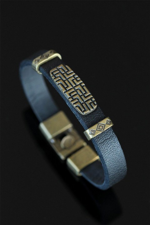 Bracelet - Tumbled Color Metal Accessory Navy Blue Leather Men's Bracelet 100327893 - Turkey