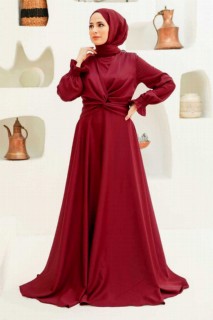 Wedding & Evening - Claret Red Hijab Evening Dress 100340038 - Turkey