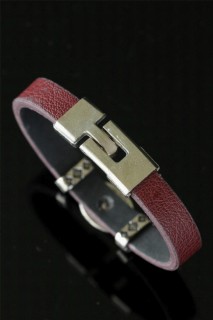 Metal Elif Vav Claret Red Leather Men's Bracelet 100327882