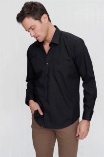Men's Black Basic Regular Fit Comfy Cut Solid Collar Long Sleeved Shirt with Pocket 100351315