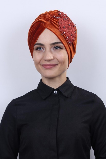 Woman Bonnet & Turban - Velvet Guipure Vera Bonnet Tile 100283050 - Turkey