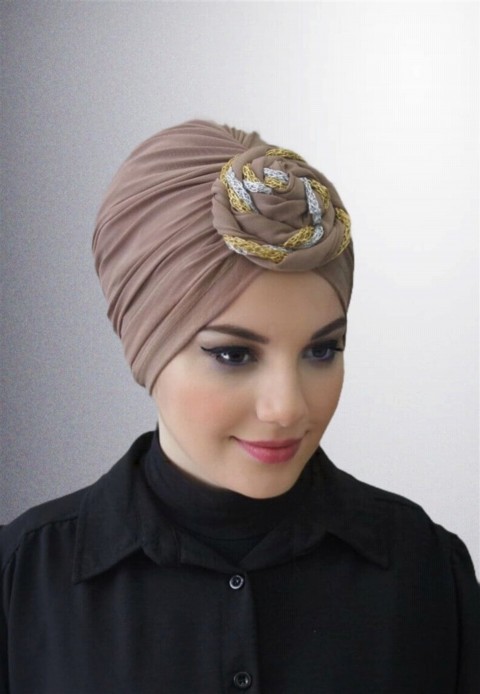 Woman Bonnet & Turban - قبعة دونات جاهزة الصنع ملونة - كراميل - Turkey