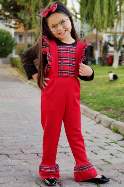 Girl Clothing - Boy Girl Plaid Detailed Red Jumpsuit 100327031 - Turkey