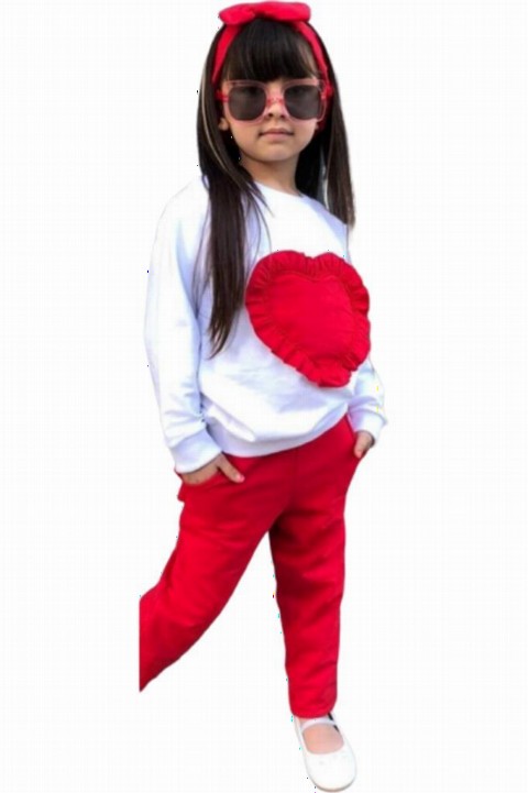 Tracksuits, Sweatshirts - Girl's Frilly Heart Printed Bandana Red Tracksuit Suit 100330972 - Turkey