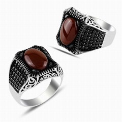 Agate Stone Rings - Dark Red Agate Stone Side Micro Stone Silver Ring 100347828 - Turkey