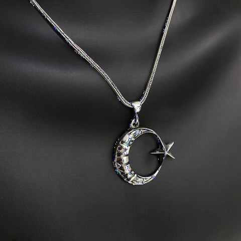 Crescent and Star on Gokturk Turkish Written Silver Necklace 100348357