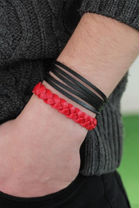 Men - Black Red Leather Men's Bracelet Combination 100318459 - Turkey