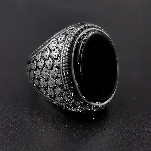 Onyx Stone Pattern Embroidered Silver Ring 100350261