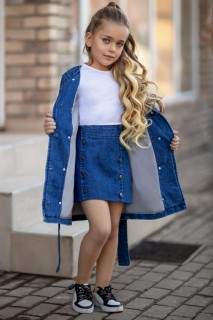 Girls - Girl's Trench Coat and Button Detailed Denim Blue 4-Skirt Suit 100328690 - Turkey