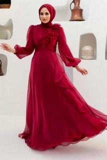 Woman - Claret Red Hijab Evening Dress 100339986 - Turkey