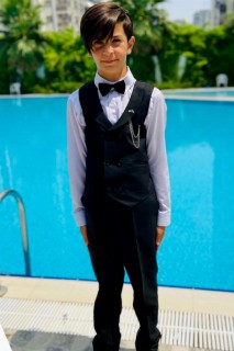 Boys - Boys Double Buttoned Bowtie Chain Collar Pins with Pockets Black Bottom and Top Suit 100328682 - Turkey