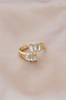 Rings - Gold Color Metal Minimal Baguette Stone Adjustable Ring 100319379 - Turkey