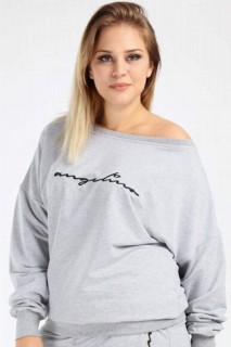 Sweatshirt - Plus Size Low Shoulder Gray Sweat 100276582 - Turkey