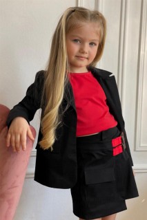 Girl Clothing - Girl's Zero Sleeve Blouse and Double Belt Detail Red Shorts Skirt Suit 100328216 - Turkey