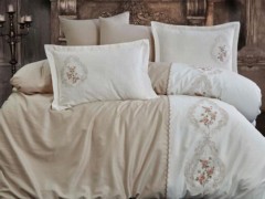Dowry set - Bettbezug-Set für Doppelbetten aus Guipure-Baumwollsatin mit Perlenbesatz Beige 100331427 - Turkey