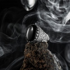 Ottoman Patterned Silver Ring With Black Onyx Stone 100346430