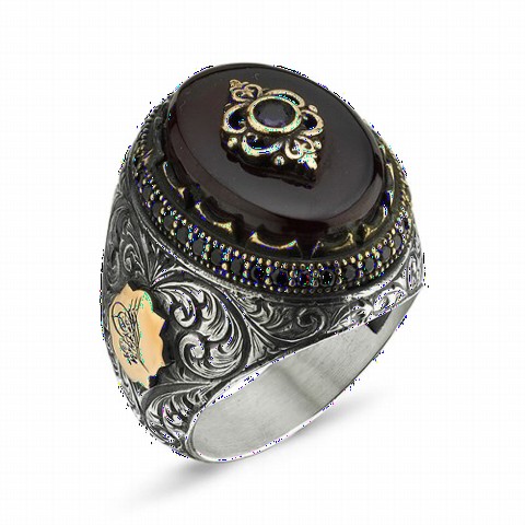 mix - Amber Stone Hand Embroidered Sterling Silver Men's Ring 100348815 - Turkey