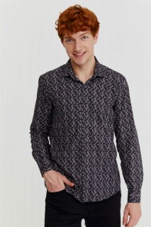 Shirt - Men's Black Cotton Slim Fit Slim Fit Jacquard Patterned Italian Collar Long Sleeve Shirt 100350608 - Turkey