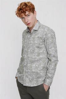 Men's Green Cotton Slim Fit Slim Fit Printed Italian Collar Long Sleeve Shirt 100350648