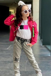 Girls - Girls Boys Merci Pocket Mascot Detailed Denim Jacket and Trousers 3-piece Fuchsia Bottom Top Set 100328713 - Turkey