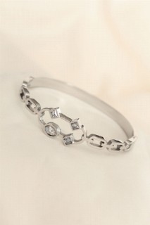 Bracelet - Steel Silver Color Stone Geometric Detail Cuff Bracelet 100320047 - Turkey