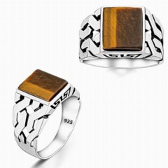 Tiger Eyes Square Stone 925 Sterling Silver Men's Ring 100346369