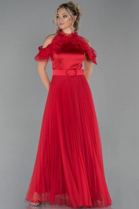 Wedding & Evening - Ate? Pleat Sleeves Frilly Belted Long Evening Dress 100297221 - Turkey