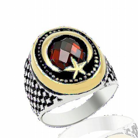 Men - Zircon Stone Moon Star Motif Straw Patterned Sterling Silver Men's Ring 100349076 - Turkey