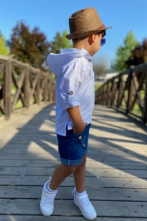 Boy's Hooded Shirt Button Detailed Blue Denim Shorts Suit 100328414