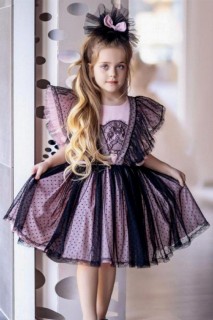 Kids - Girl's Pois Rosa Pink Loaflet Dress with Tulle 100327085 - Turkey