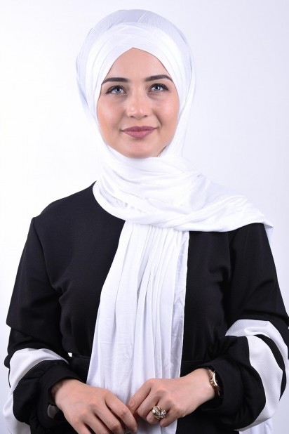 Woman Bonnet & Hijab - 3-Streifen-Schal aus gekämmter Baumwolle Weiß - Turkey